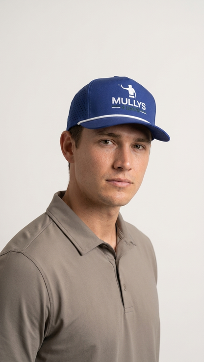 Man wearing the clear skies golf rope hat looking slightly right