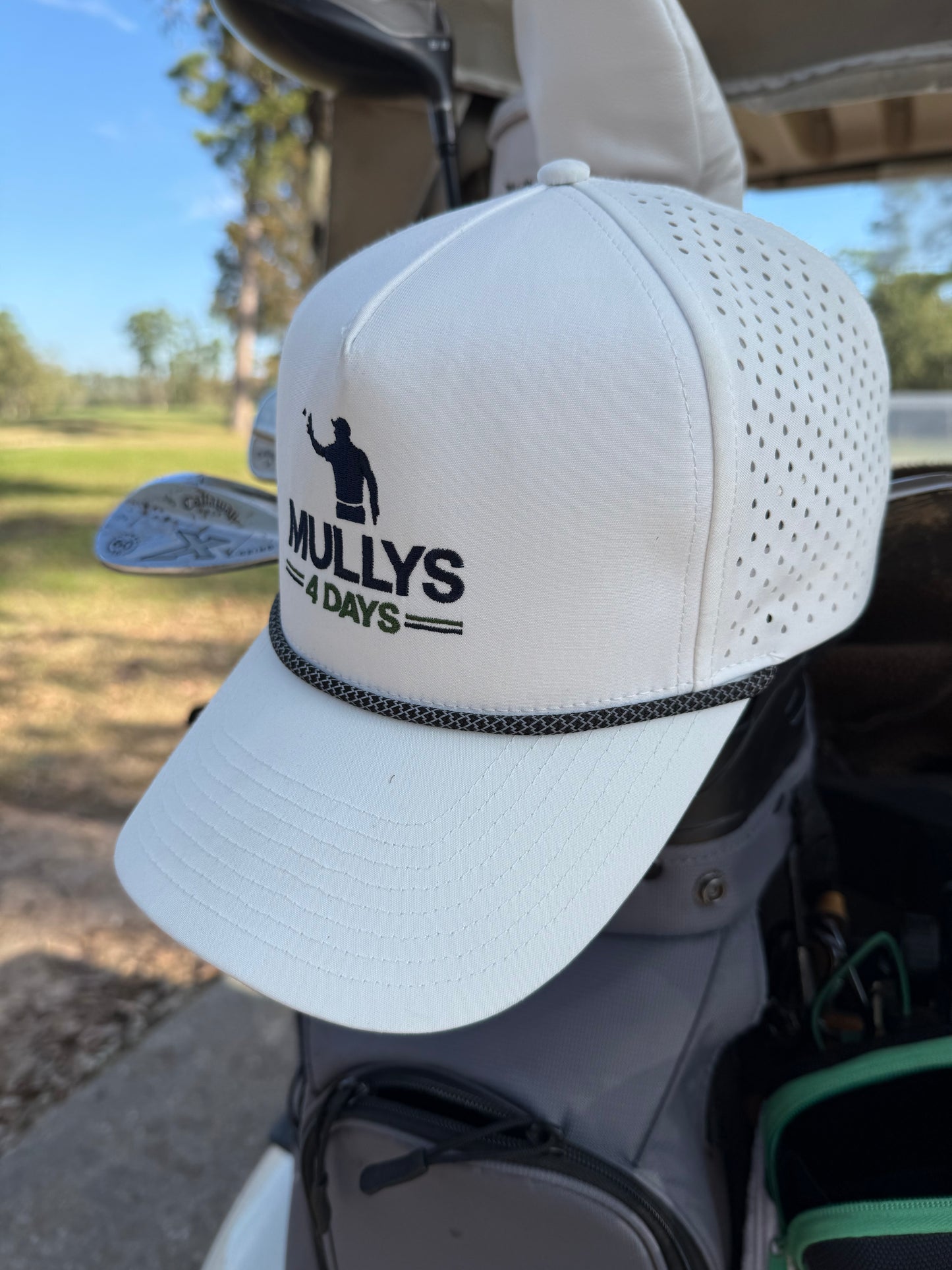 White Performance Rope Hat on Golf Cubs - Mullys 4 Days